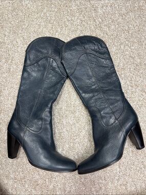 Women's Dark Blue Leather Mid-Calf Heeled Boots